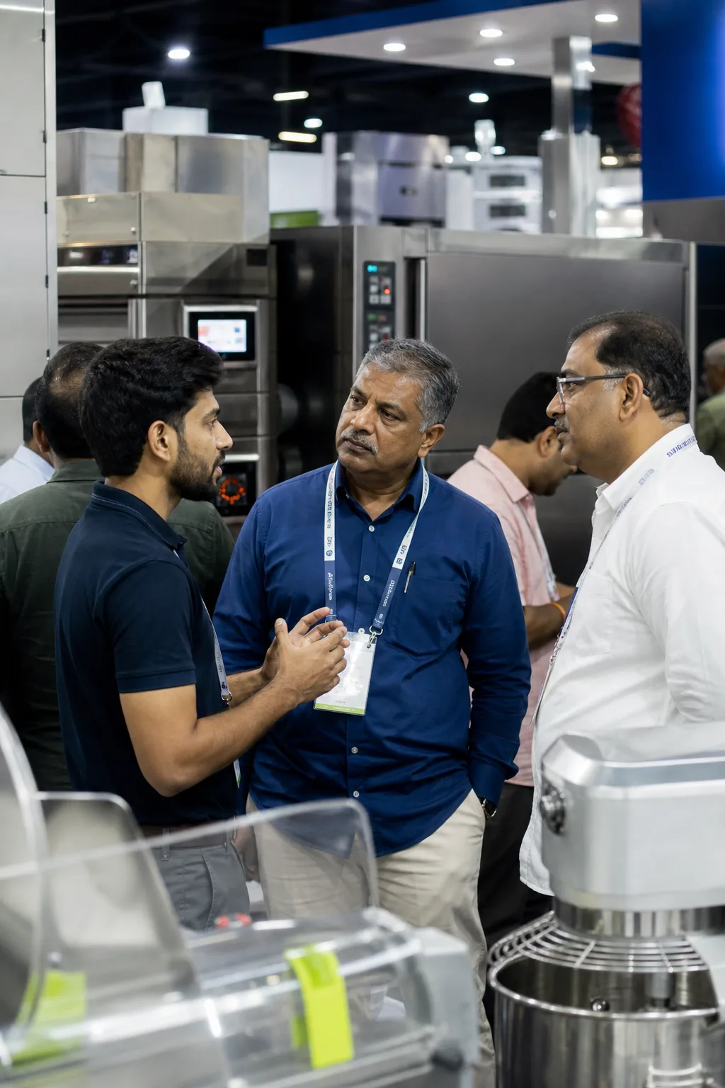 A BakeNext founder speaking with bakery industry leaders at an expo