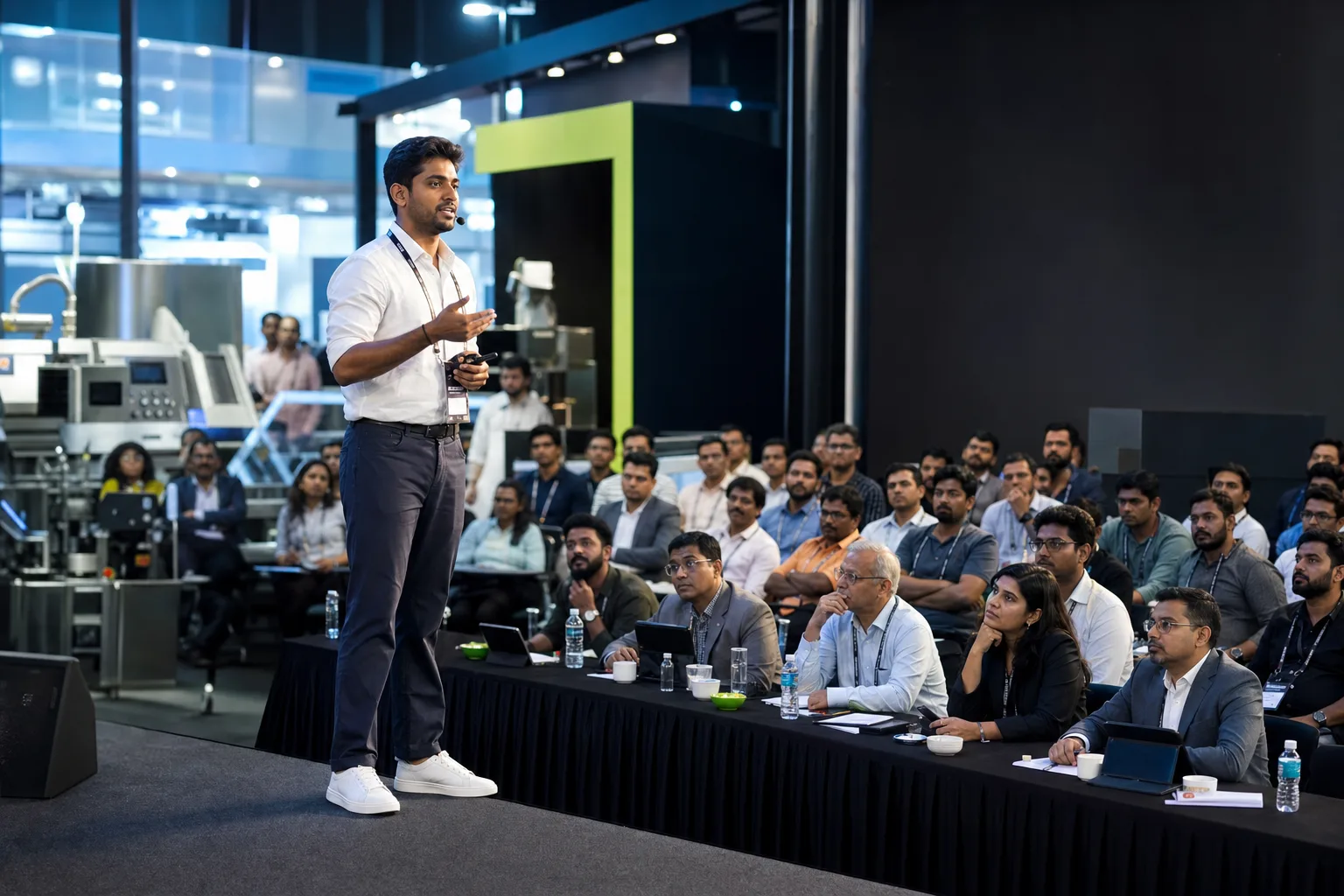 A founder pitching live to an investor panel